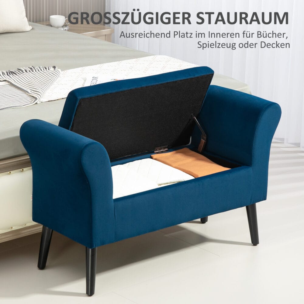 Dunkelblaue Polsterbank mit Stauraum, bezogen mit samtartigem Polyester. Eine edle und praktische Bereicherung.