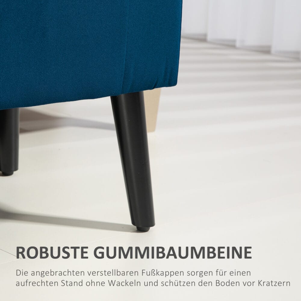 Dunkelblaue Polsterbank mit Stauraum, bezogen mit samtartigem Polyester. Eine edle und praktische Bereicherung.