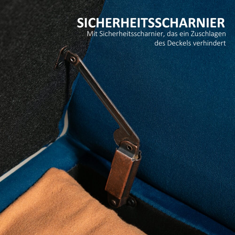 Dunkelblaue Polsterbank mit Stauraum, bezogen mit samtartigem Polyester. Eine edle und praktische Bereicherung.