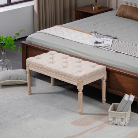 Beige Polsterbank im Vintage-Stil, belastbar bis 120kg, Masse 80x40x43cm. Perfekt für kleine Räume oder als Akzentmöbel.