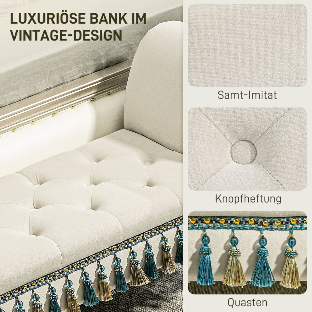 Beige Polsterbank im Vintage-Design mit Samtoptik, ideal als stilvolle Sitzgelegenheit, Masse 117x40x58cm.