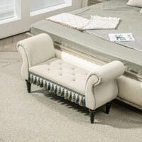 Beige Polsterbank im Vintage-Design mit Samtoptik, ideal als stilvolle Sitzgelegenheit, Masse 117x40x58cm.