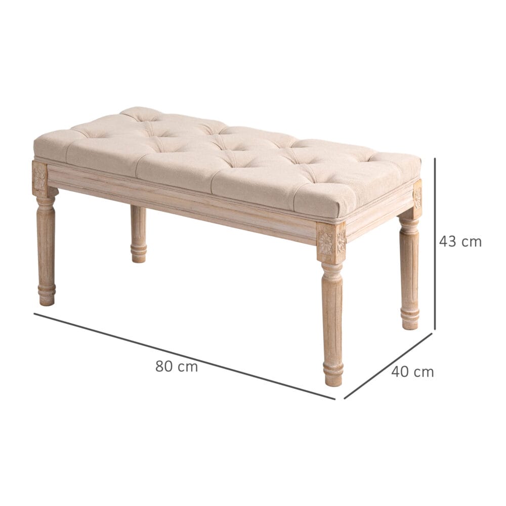 Beige Polsterbank im Vintage-Stil, belastbar bis 120kg, Masse 80x40x43cm. Perfekt für kleine Räume oder als Akzentmöbel.