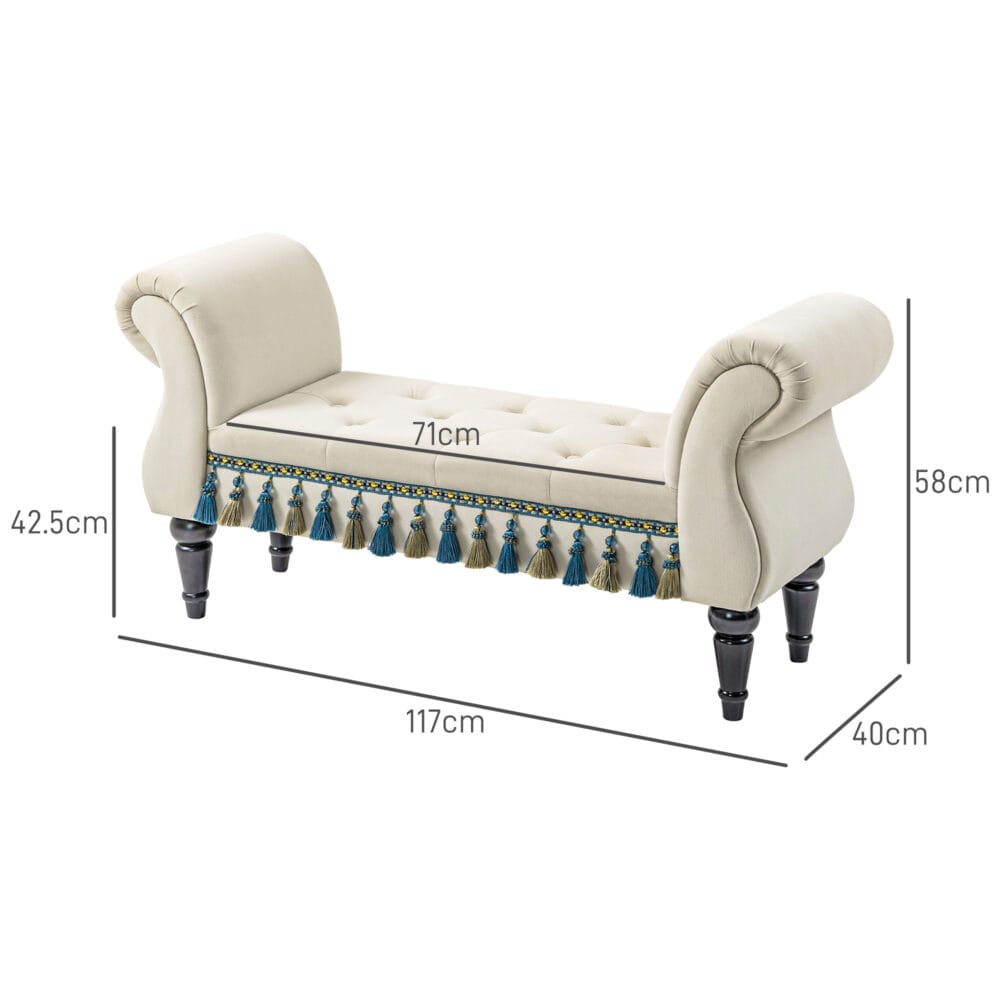 Beige Polsterbank im Vintage-Design mit Samtoptik, ideal als stilvolle Sitzgelegenheit, Masse 117x40x58cm.