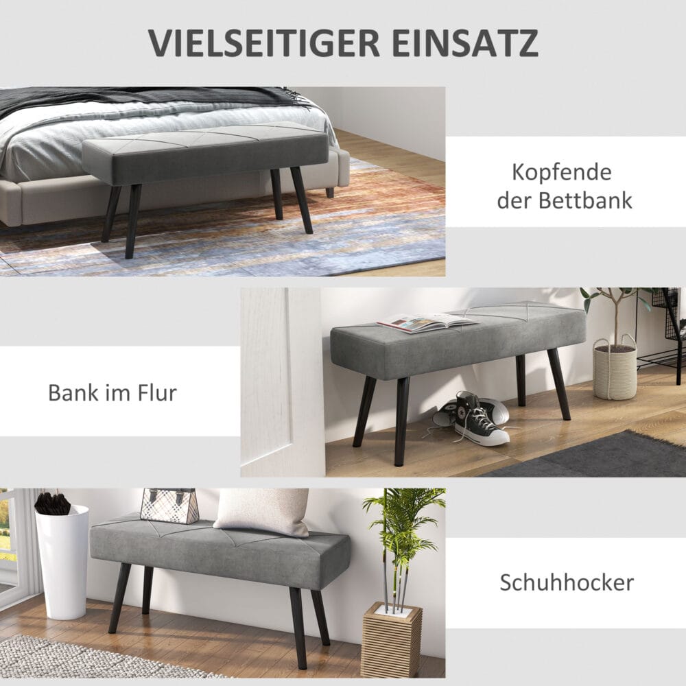 Graue Polsterbank in Samtoptik mit elegantem X-Muster, Masse 100x36x45cm. Bietet Komfort und modernes Design.