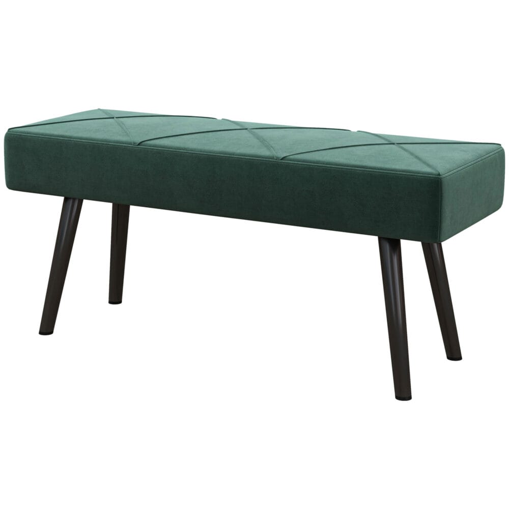 Grüne Polsterbank in Samtoptik mit markantem X-Muster, Masse 100x36x45cm. Eine stilvolle Ergänzung für jeden Raum.