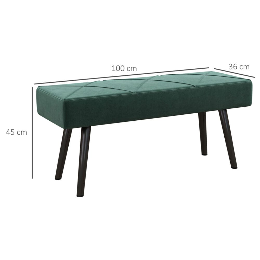 Grüne Polsterbank in Samtoptik mit markantem X-Muster, Masse 100x36x45cm. Eine stilvolle Ergänzung für jeden Raum.