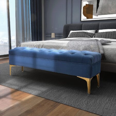 Sitzbank aus blauem Samt, perfekt für Schlafzimmer oder Flur, Masse 118x45x42cm.