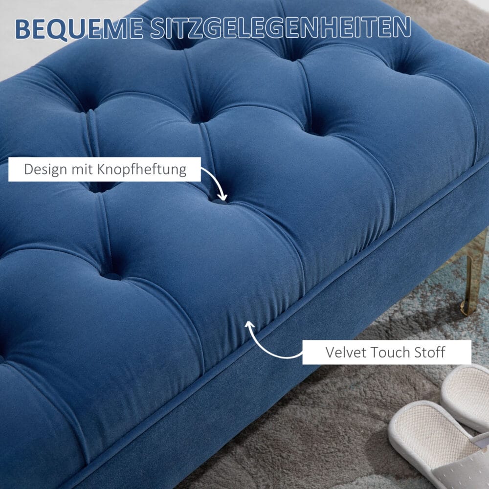 Sitzbank aus blauem Samt, perfekt für Schlafzimmer oder Flur, Masse 118x45x42cm.