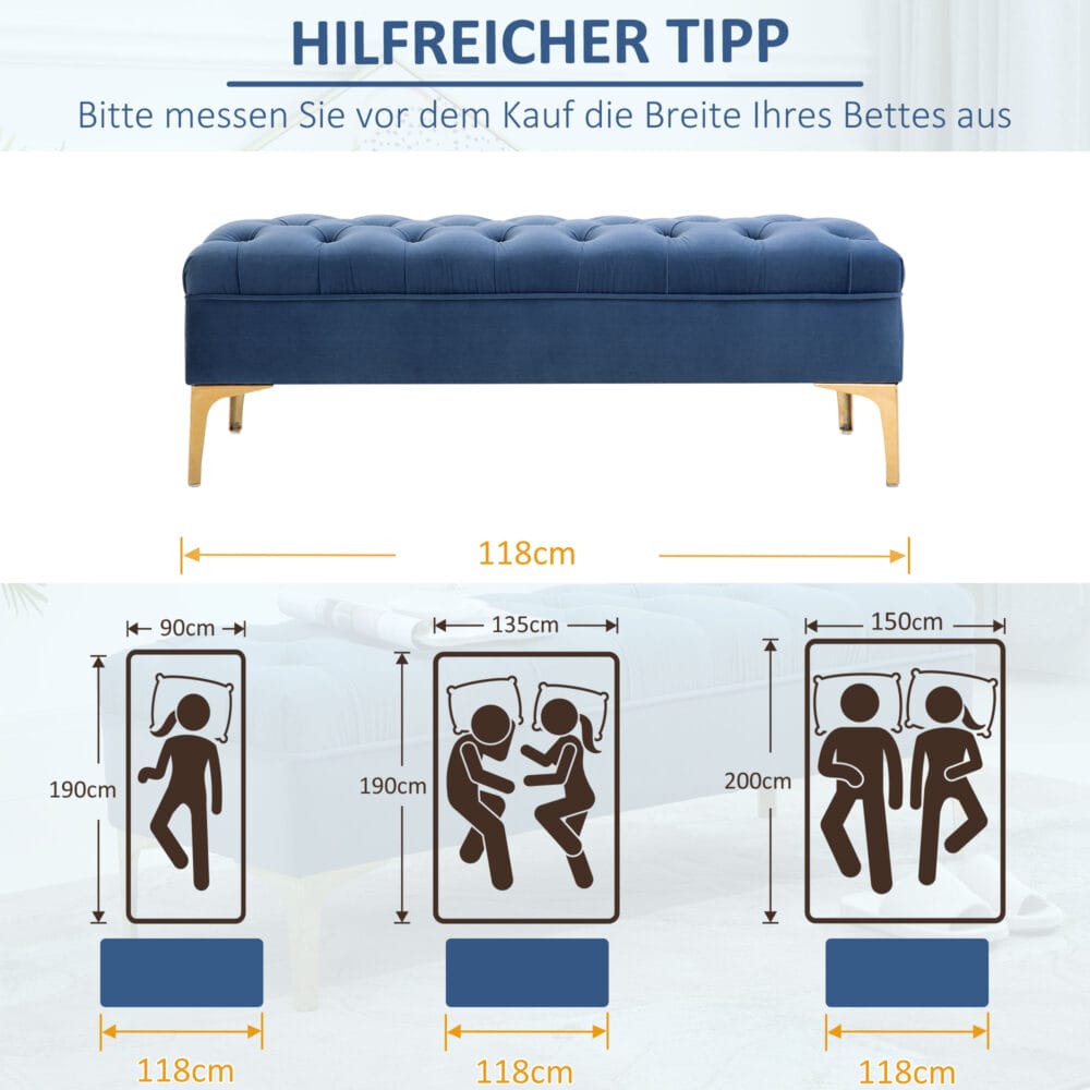 Sitzbank aus blauem Samt, perfekt für Schlafzimmer oder Flur, Masse 118x45x42cm.