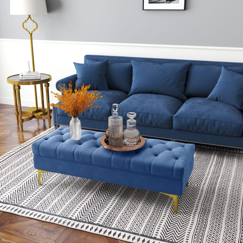 Sitzbank aus blauem Samt, perfekt für Schlafzimmer oder Flur, Masse 118x45x42cm.