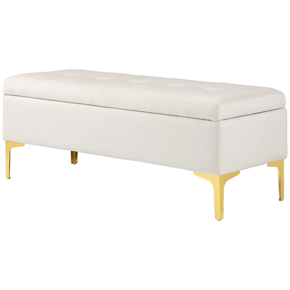Beige Sitzbank in Samtoptik mit Stauraum, Masse 120x44x44.5cm. Bietet vielseitigen Komfort und Ordnung.
