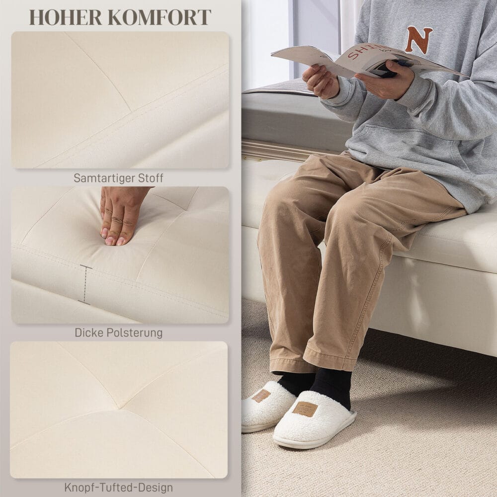 Beige Sitzbank in Samtoptik mit Stauraum, Masse 120x44x44.5cm. Bietet vielseitigen Komfort und Ordnung.
