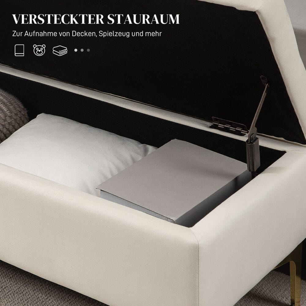 Beige Sitzbank in Samtoptik mit Stauraum, Masse 120x44x44.5cm. Bietet vielseitigen Komfort und Ordnung.