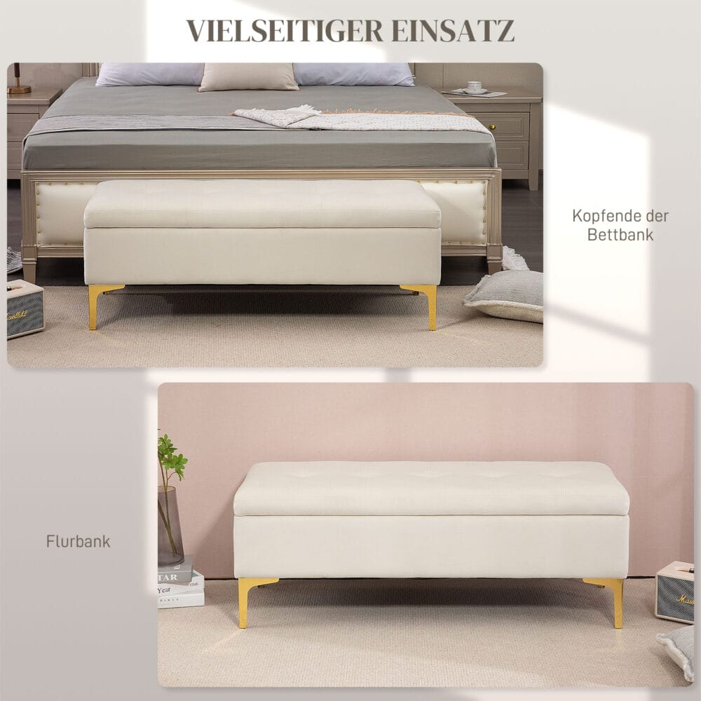 Beige Sitzbank in Samtoptik mit Stauraum, Masse 120x44x44.5cm. Bietet vielseitigen Komfort und Ordnung.