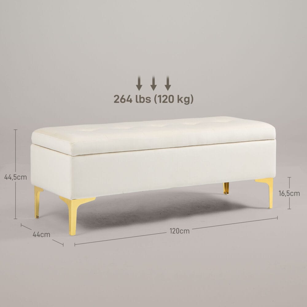 Beige Sitzbank in Samtoptik mit Stauraum, Masse 120x44x44.5cm. Bietet vielseitigen Komfort und Ordnung.
