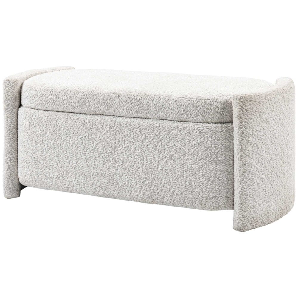 Cremefarbene Sitzbank in Samtoptik mit Stauraum, Masse 105x44x45.5cm. Eine kompakte und elegante Lösung.