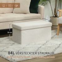 Cremeweisse faltbare Sitzbank mit luxuriöser Samtoptik und viel Stauraum, eine vielseitige und platzsparende Ergänzung für jeden Raum.