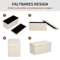 Cremeweisse faltbare Sitzbank mit luxuriöser Samtoptik und viel Stauraum, eine vielseitige und platzsparende Ergänzung für jeden Raum.