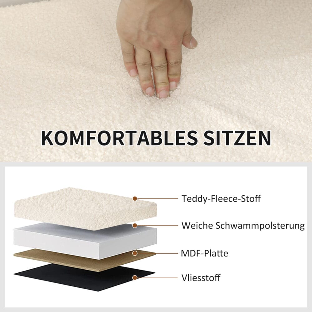 Cremeweisse faltbare Sitzbank mit luxuriöser Samtoptik und viel Stauraum, eine vielseitige und platzsparende Ergänzung für jeden Raum.