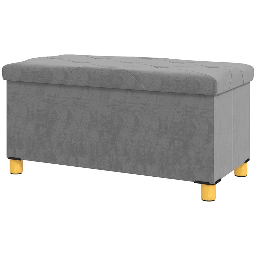 Graue faltbare Sitzbank in eleganter Samtoptik mit geräumigem Stauraum, ideal für kleine Räume und schnelle Verstauung.