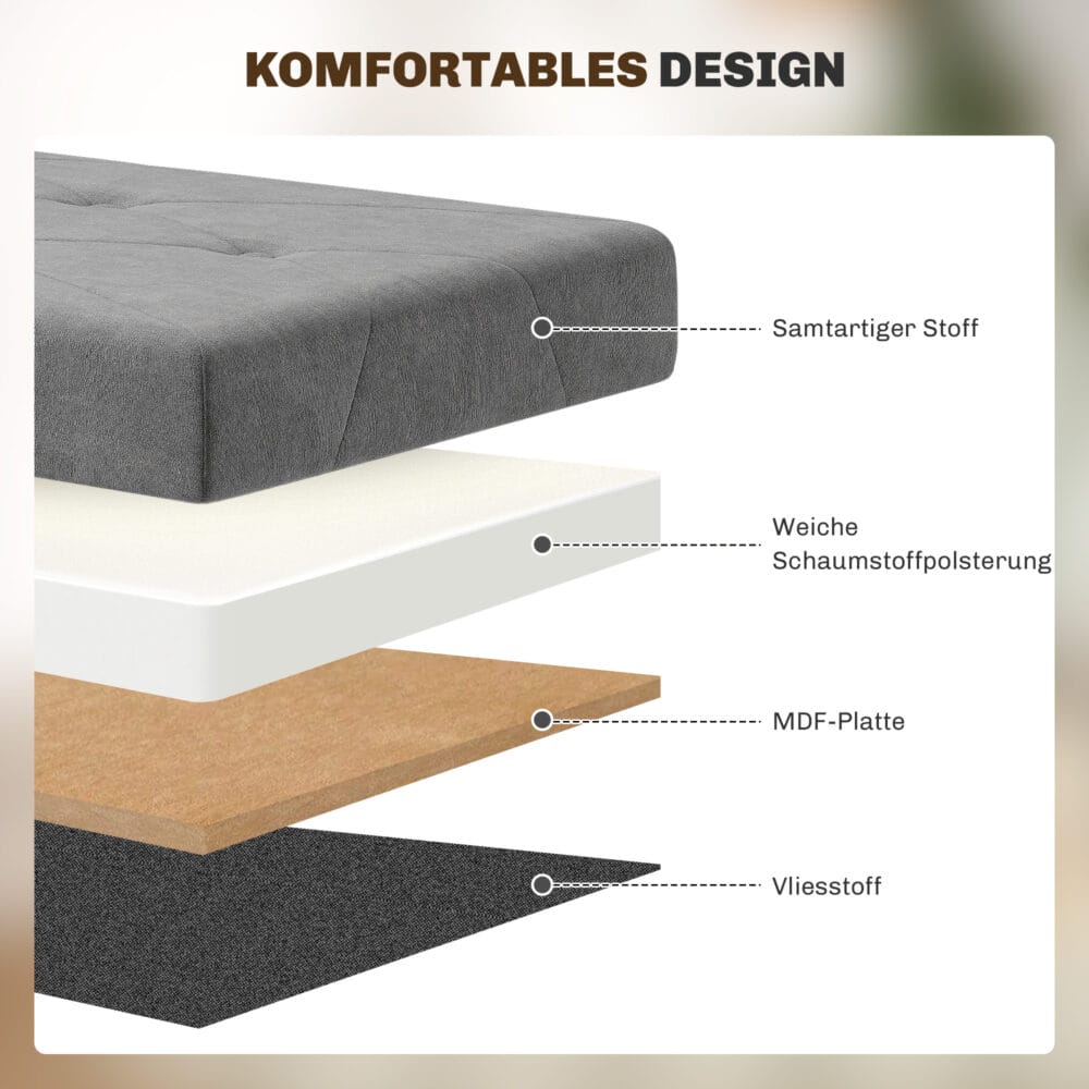 Graue faltbare Sitzbank in eleganter Samtoptik mit geräumigem Stauraum, ideal für kleine Räume und schnelle Verstauung.