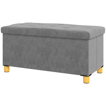 Graue faltbare Sitzbank in eleganter Samtoptik mit geräumigem Stauraum, ideal für kleine Räume und schnelle Verstauung.