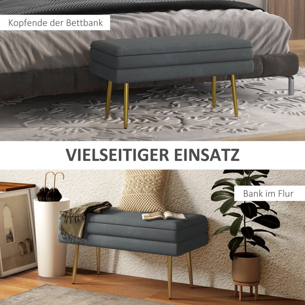 Graue Sitzbank in Samtoptik mit Stauraum, Masse 79.5x37.5x43cm. Eine platzsparende und stilvolle Sitzgelegenheit.