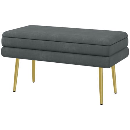 Graue Sitzbank in Samtoptik mit Stauraum, Masse 79.5x37.5x43cm. Eine platzsparende und stilvolle Sitzgelegenheit.