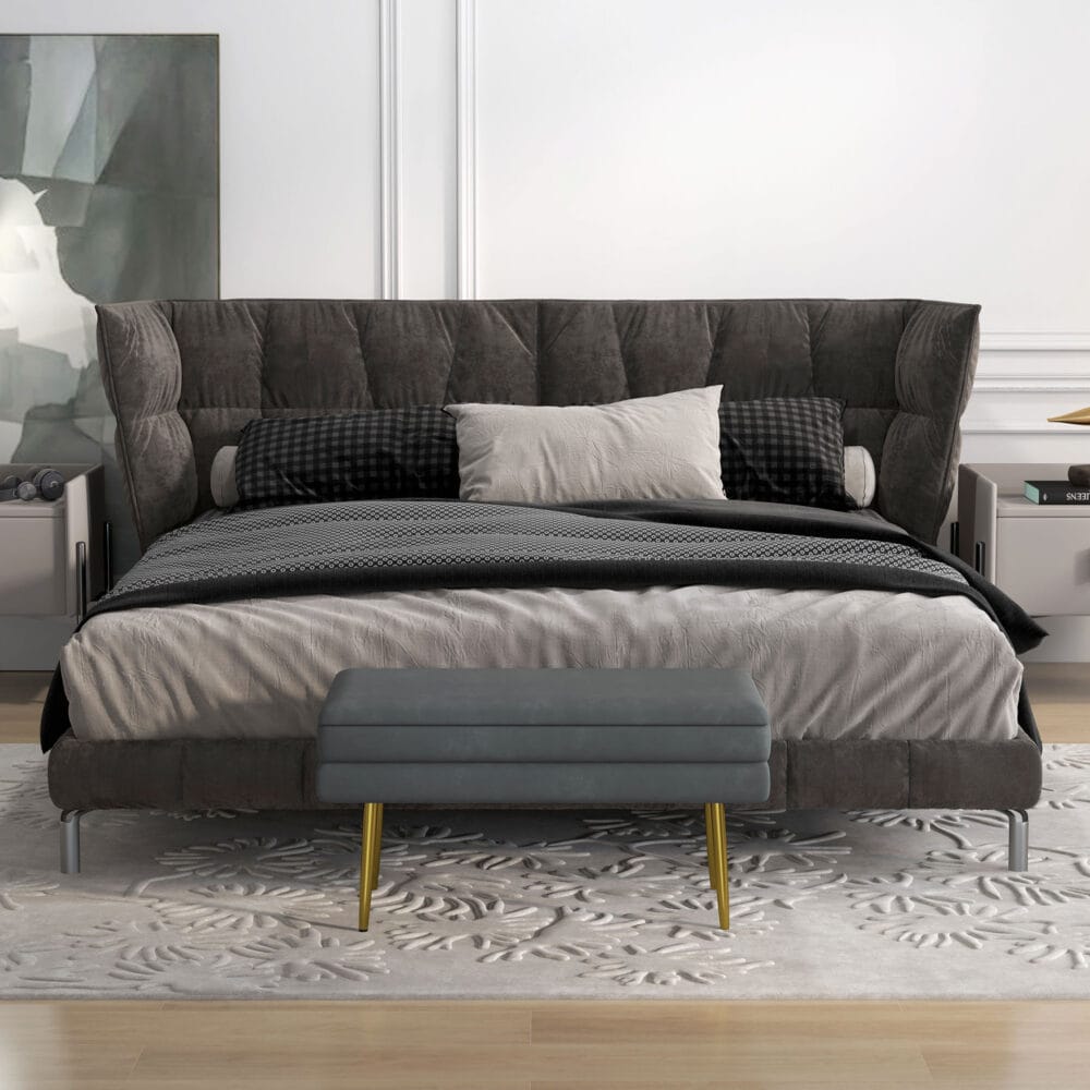 Graue Sitzbank in Samtoptik mit Stauraum, Masse 79.5x37.5x43cm. Eine platzsparende und stilvolle Sitzgelegenheit.