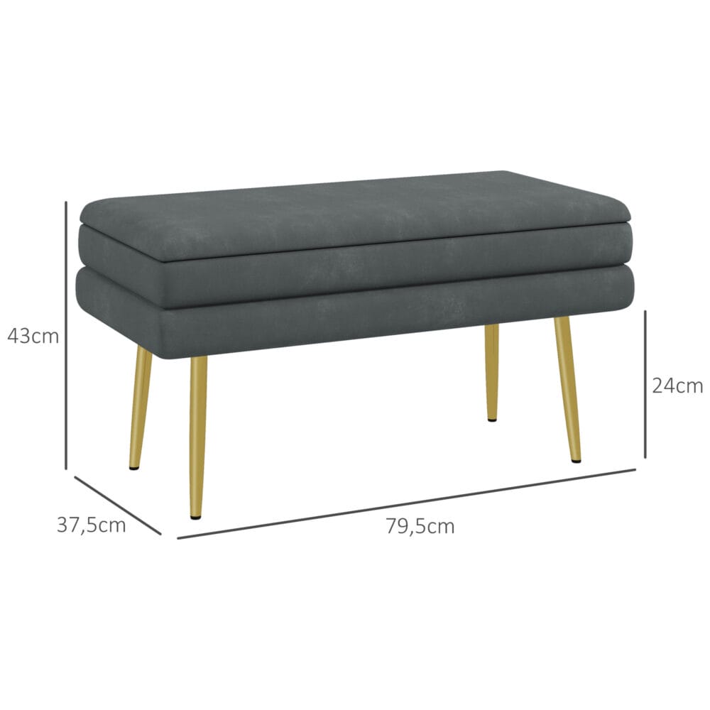 Graue Sitzbank in Samtoptik mit Stauraum, Masse 79.5x37.5x43cm. Eine platzsparende und stilvolle Sitzgelegenheit.
