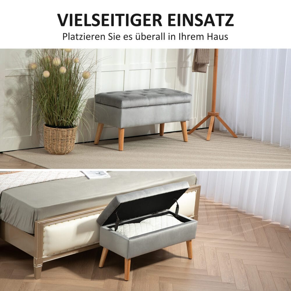 Graue Sitzbank mit stilvoller Samtoptik, integriertem Stauraum und Beinen aus massivem Gummiholz, perfekt für moderne Wohnräume.
