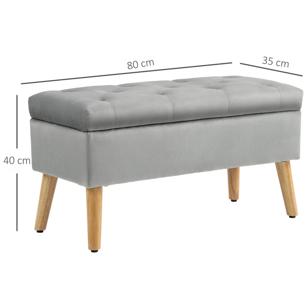 Graue Sitzbank mit stilvoller Samtoptik, integriertem Stauraum und Beinen aus massivem Gummiholz, perfekt für moderne Wohnräume.
