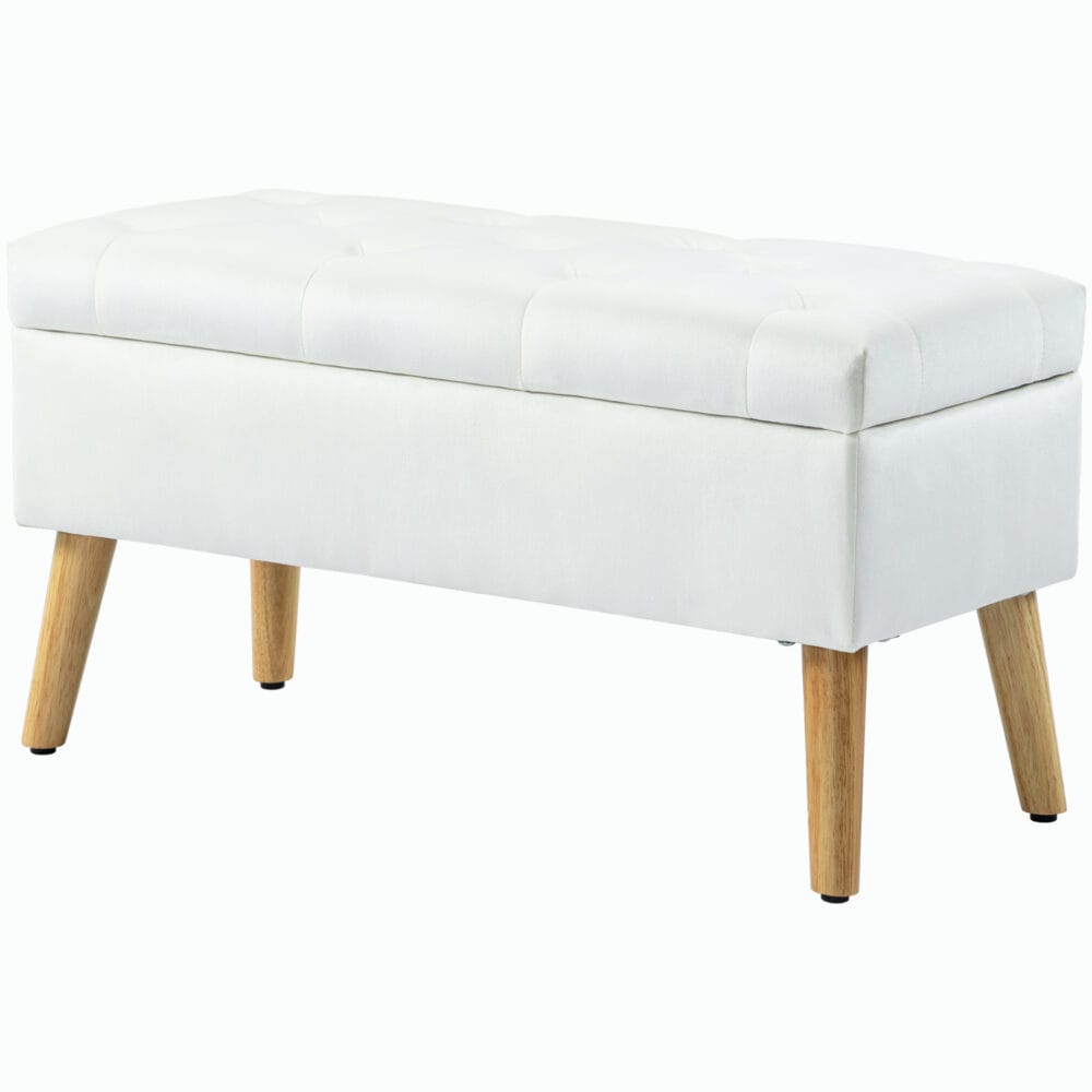 Weisse Sitzbank mit schicker Samtoptik, praktischem Stauraum und stabilen Gummiholzbeinen, eine helle und elegante Ergänzung.