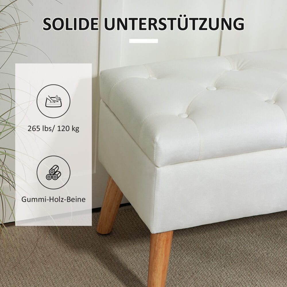 Weisse Sitzbank mit schicker Samtoptik, praktischem Stauraum und stabilen Gummiholzbeinen, eine helle und elegante Ergänzung.