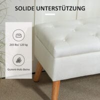 Weisse Sitzbank mit schicker Samtoptik, praktischem Stauraum und stabilen Gummiholzbeinen, eine helle und elegante Ergänzung.