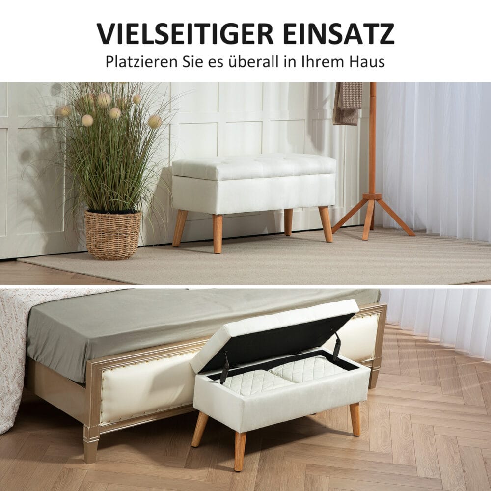 Weisse Sitzbank mit schicker Samtoptik, praktischem Stauraum und stabilen Gummiholzbeinen, eine helle und elegante Ergänzung.