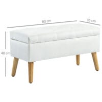 Weisse Sitzbank mit schicker Samtoptik, praktischem Stauraum und stabilen Gummiholzbeinen, eine helle und elegante Ergänzung.