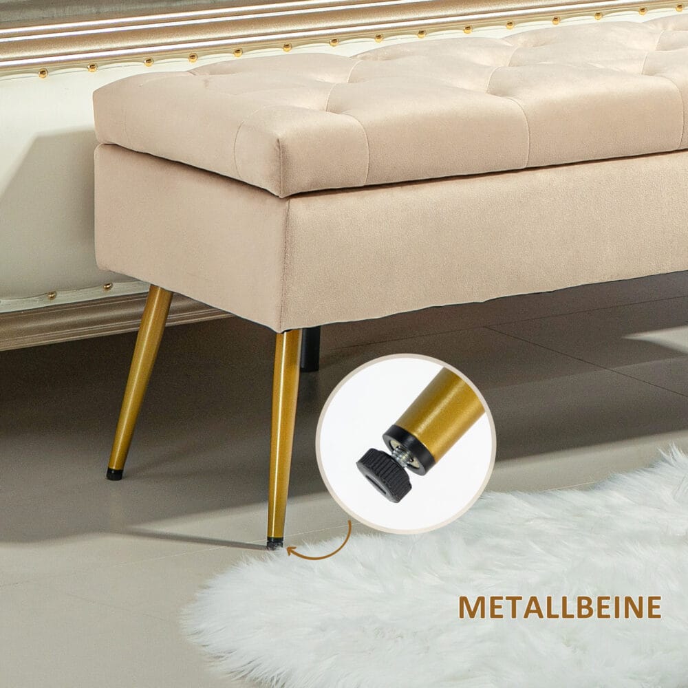 Beige Sitzbank in edler Samtoptik mit robustem Metallrahmen und praktischem Stauraum, ideal für Flur oder Schlafzimmer.