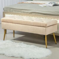 Beige Sitzbank in edler Samtoptik mit robustem Metallrahmen und praktischem Stauraum, ideal für Flur oder Schlafzimmer.