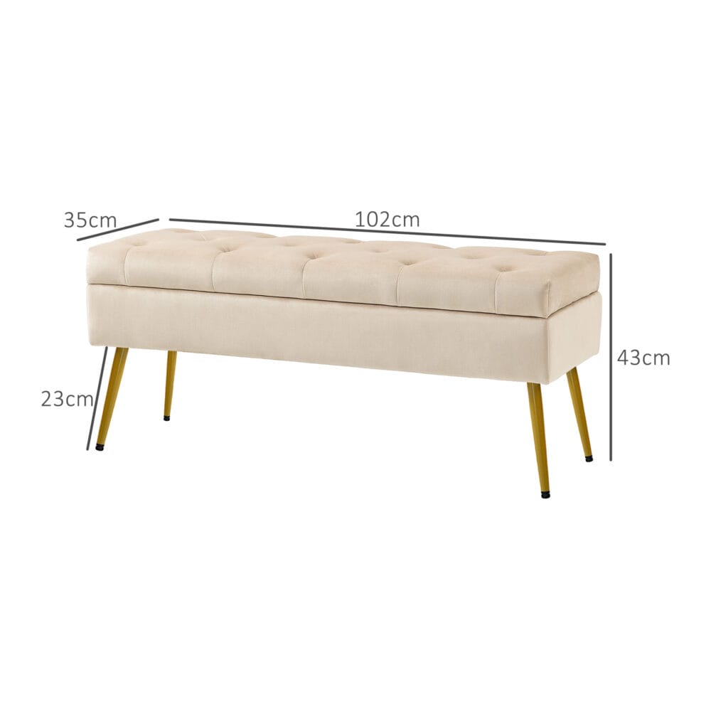 Beige Sitzbank in edler Samtoptik mit robustem Metallrahmen und praktischem Stauraum, ideal für Flur oder Schlafzimmer.