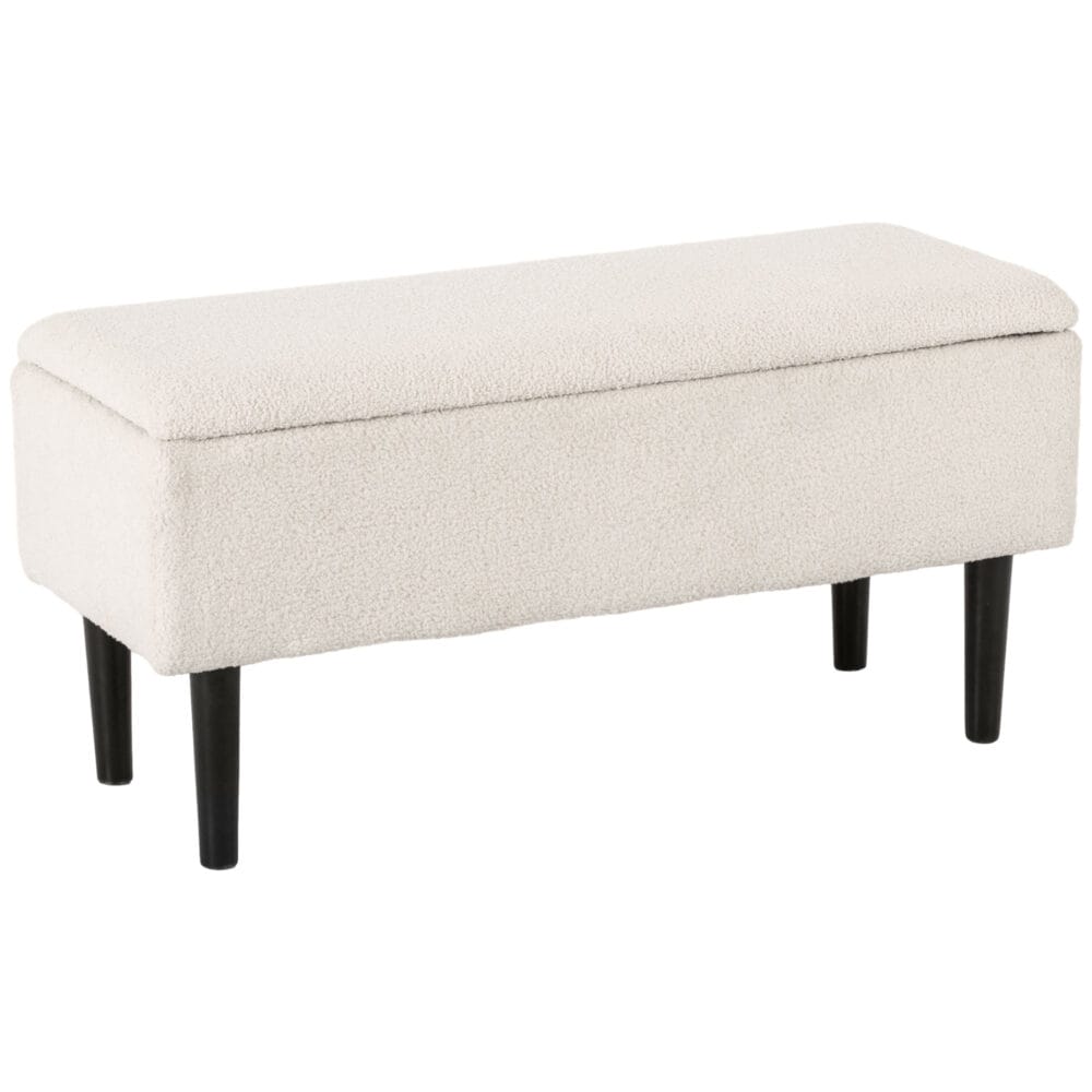 Cremefarbene Sitzbank in Samtoptik mit Stauraum, ideal für das Wohnzimmer. Eine helle und einladende Bereicherung.