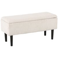 Cremefarbene Sitzbank in Samtoptik mit Stauraum, ideal für das Wohnzimmer. Eine helle und einladende Bereicherung.