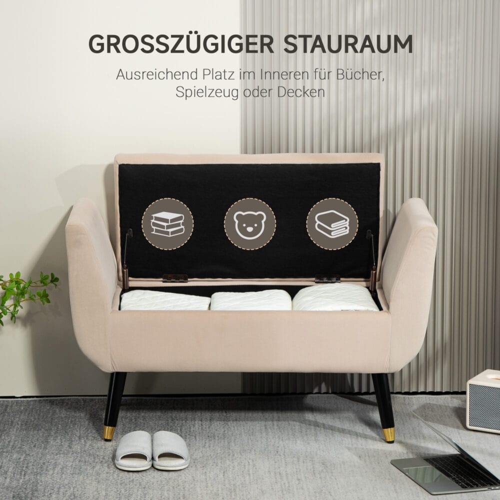 Beige Sitzbank mit Stauraum, Armlehnen und Samtoptik, Masse 107x42x65cm. Bietet maximalen Komfort und Eleganz.