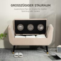 Beige Sitzbank mit Stauraum, Armlehnen und Samtoptik, Masse 107x42x65cm. Bietet maximalen Komfort und Eleganz.