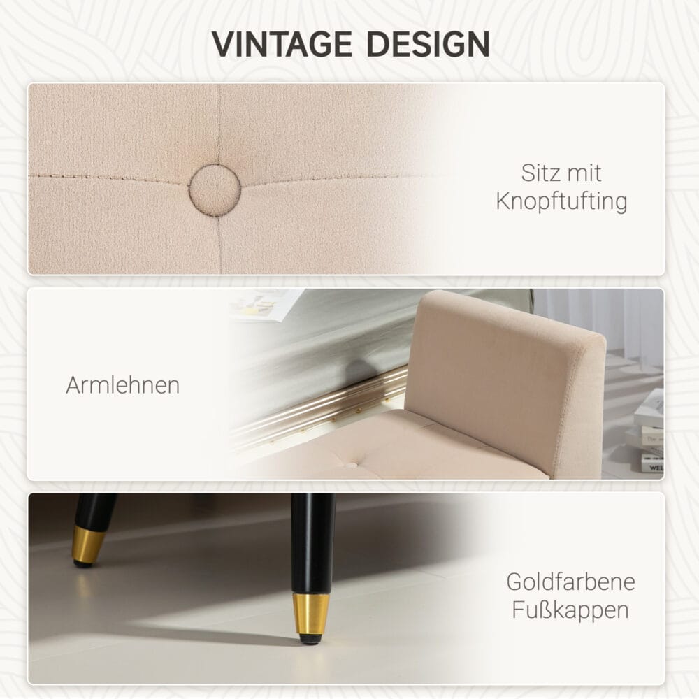 Beige Sitzbank mit Stauraum, Armlehnen und Samtoptik, Masse 107x42x65cm. Bietet maximalen Komfort und Eleganz.