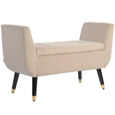 Beige Sitzbank mit Stauraum, Armlehnen und Samtoptik, Masse 107x42x65cm. Bietet maximalen Komfort und Eleganz.
