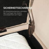 Beige Sitzbank mit Stauraum, Armlehnen und Samtoptik, Masse 107x42x65cm. Bietet maximalen Komfort und Eleganz.