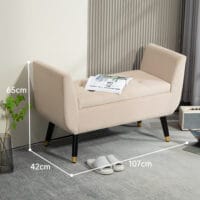 Beige Sitzbank mit Stauraum, Armlehnen und Samtoptik, Masse 107x42x65cm. Bietet maximalen Komfort und Eleganz.