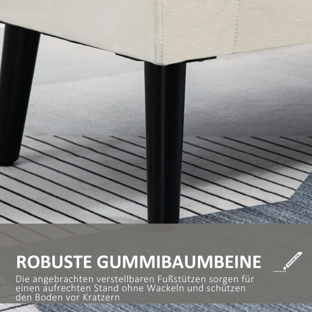 Cremeweisse Sitzbank mit Stauraum und bequemen Armlehnen, bezogen mit strapazierfähigem Polyester.